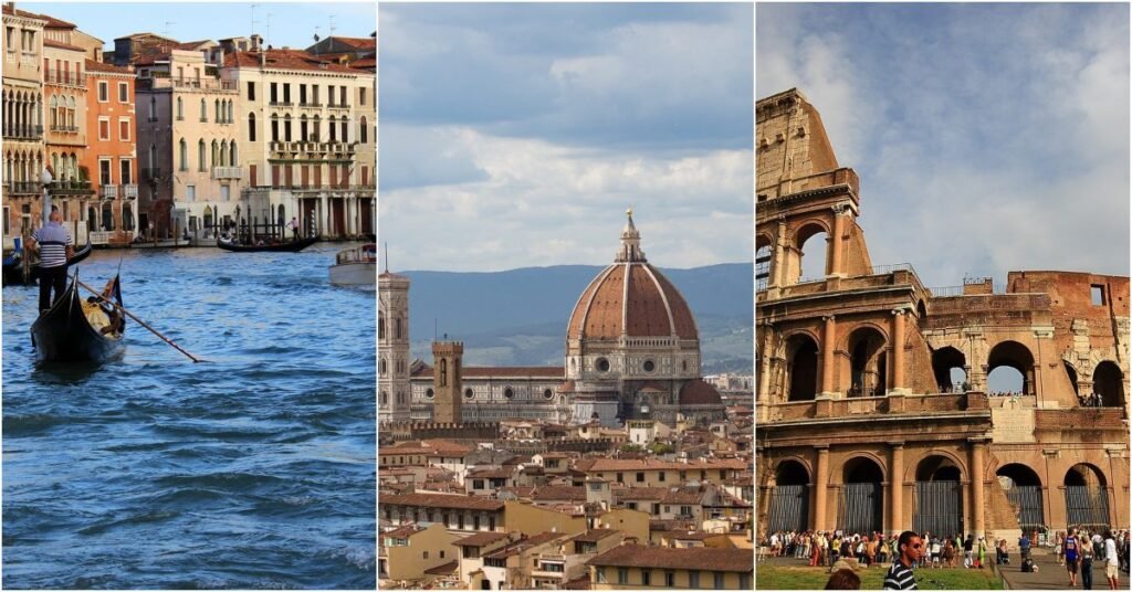 A collage of famous travel destinations in Italy including the Colosseum in Rome, Duomo in Florence, canals of Venice, Amalfi Coast, and the Italian Alps.