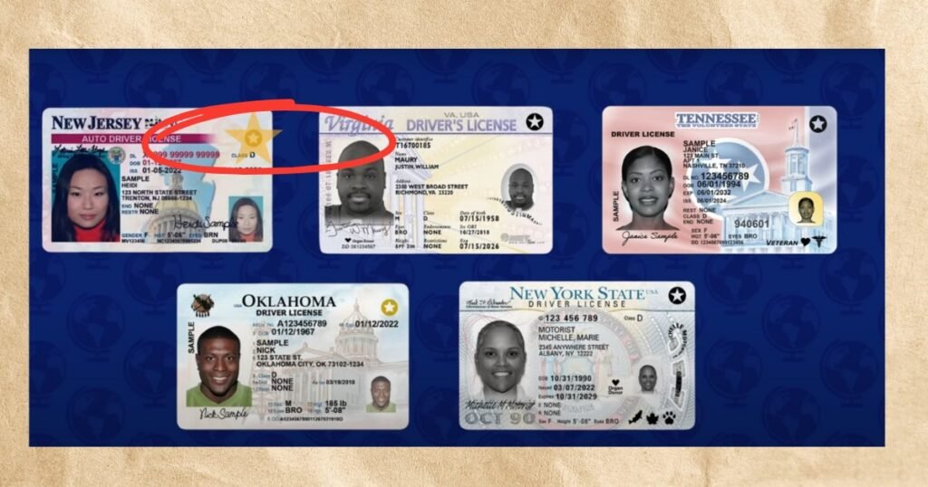 A collection of REAL ID-compliant and non-compliant driver's licenses from different U.S. states, highlighting the star symbol that indicates compliance for domestic flights starting May 7, 2025.