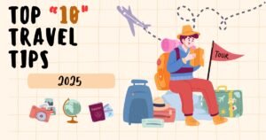 Traveler with a backpack at the airport, ready for an adventure. 'Top 10 Travel Tips 2025' text overlay