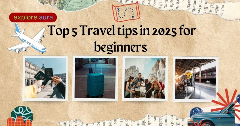 Collage of travel-themed images with passport, suitcase, group of travelers, and train station