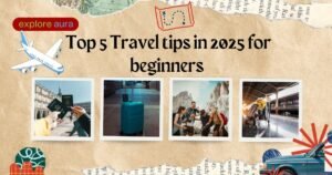 Collage of travel-themed images with passport, suitcase, group of travelers, and train station