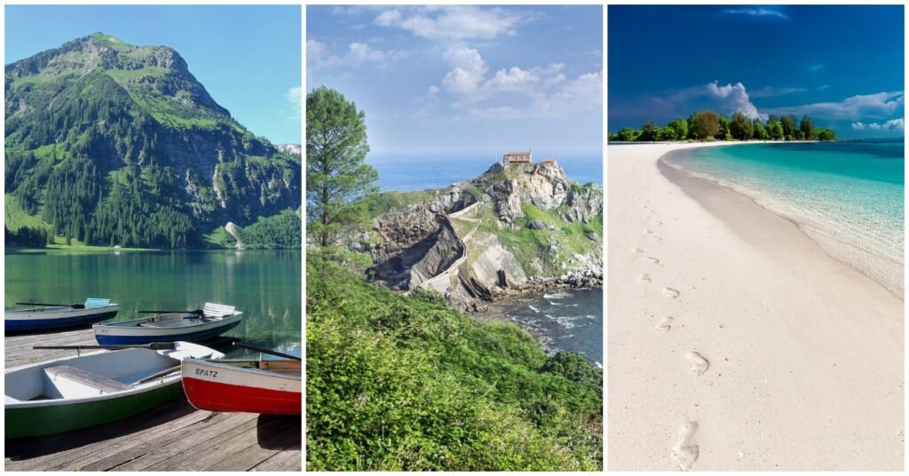 Scenic budget-friendly travel destinations featuring a mountain lake, a coastal viewpoint, and a tropical beach.