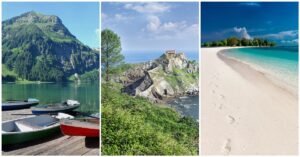 Scenic budget-friendly travel destinations featuring a mountain lake, a coastal viewpoint, and a tropical beach.