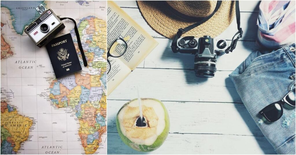 Flat lay of travel essentials including a passport, vintage camera, sunglasses, a map, a book, a hat, and a coconut drink on a wooden surface. Perfect for smart packing tips and travel preparation.
