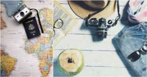 Flat lay of travel essentials including a passport, vintage camera, sunglasses, a map, a book, a hat, and a coconut drink on a wooden surface. Perfect for smart packing tips and travel preparation.