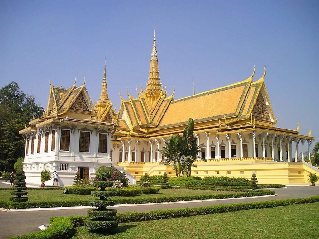 The Royal Palace in Phnom Penh, Cambodia, featuring traditional Khmer architecture with golden roofs and intricate details.