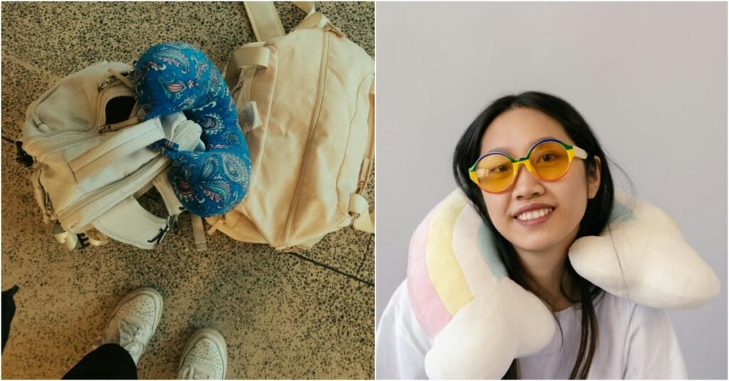 traveler's backpack with a blue paisley neck pillow and a smiling woman wearing a soft, colorful neck pillow for comfort. Ideal for long flights and smart packing tips.